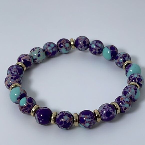 NWT Wool + Pepper Co. Turquoise/Purple & Gold Beaded Bracelet - Picture 3 of 4